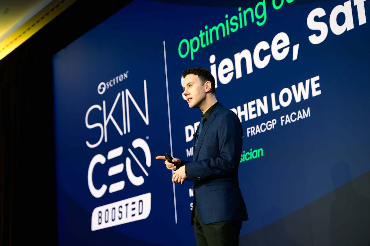 Dr Stephen Lowe presenting on laser resurfacing and energy-based treatments at clinical education event